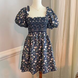 Hill House Nap Floral Dress w Embroidered Smock and Puff Sleeves